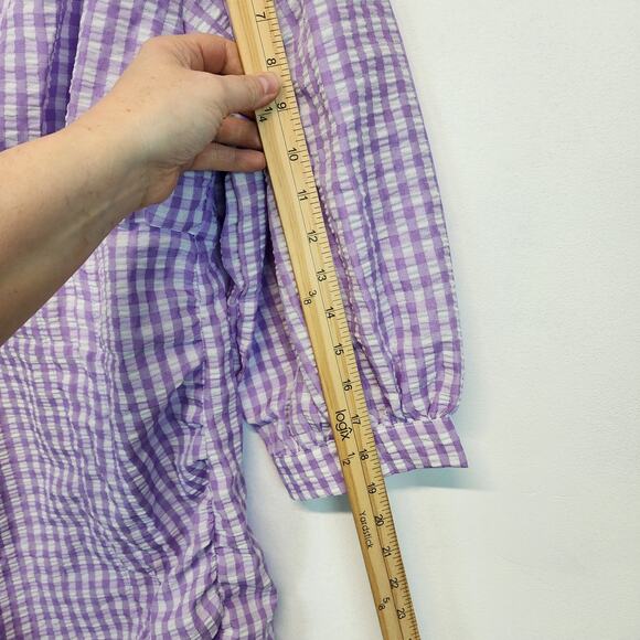 Zara Farmers Daughter Mini Dress Size M Purple Ruched Front Gingham Puff Sleeve - Picture 15 of 16